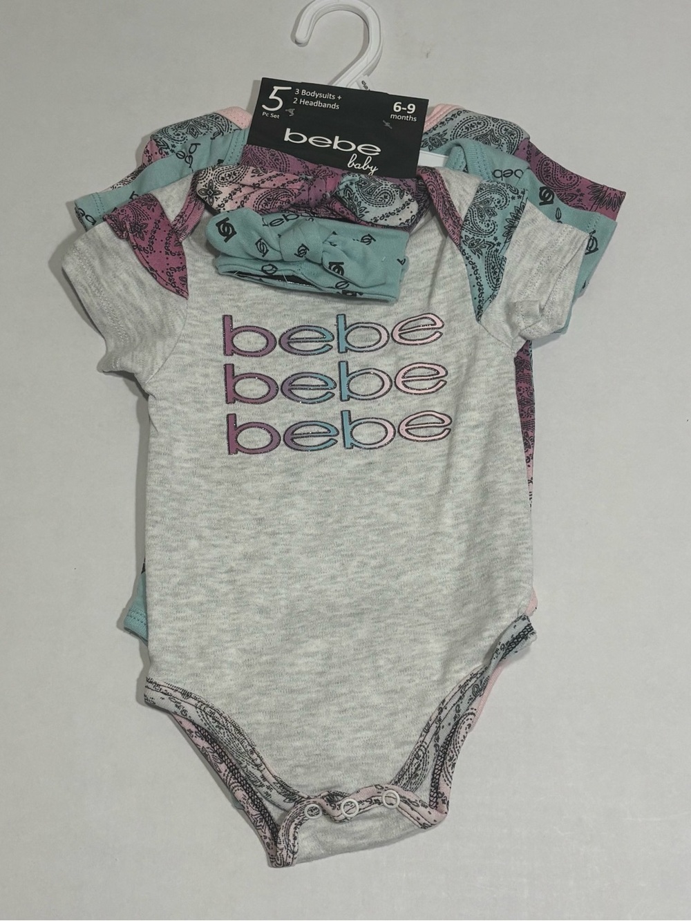 bebe baby 5-Pc Bodysuit + Headband Set Short Sleeve Cotton 6-9M Multicolor